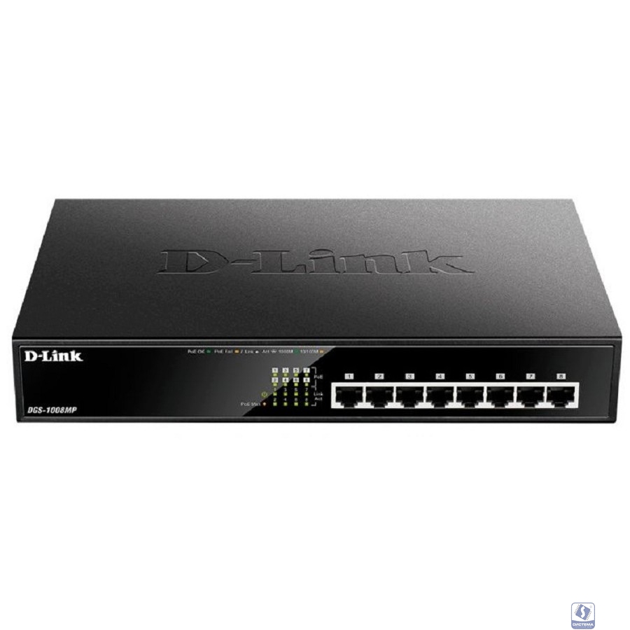 D-Link DGS-1008MP/B1A Неуправляемый коммутатор с 8 портами 10/100/1000Base-T с поддержкой PoE 802.3af/at (PoE-бюджет 125 Вт)