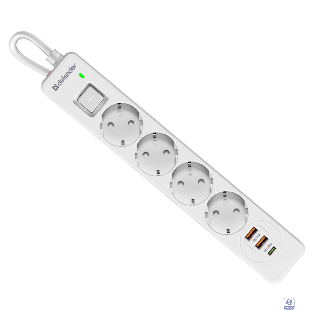 Defender Удлинитель с сетевым фильтром DFS 141 1.5 м,белый,4розетки,USB+TypeC [99433]