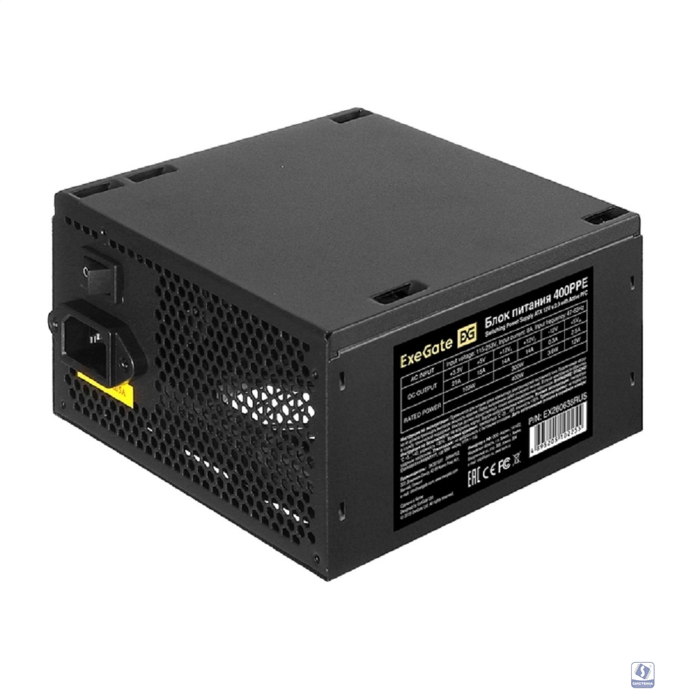 Exegate EX260638RUS-PC Блок питания 400W ExeGate 400PPE (ATX, APFC, PC, КПД 80% (80 PLUS), 12cm fan, 24pin, (4+4)pin, PCIe, 5xSATA, 3xIDE, black, кабель 220V в комплекте)