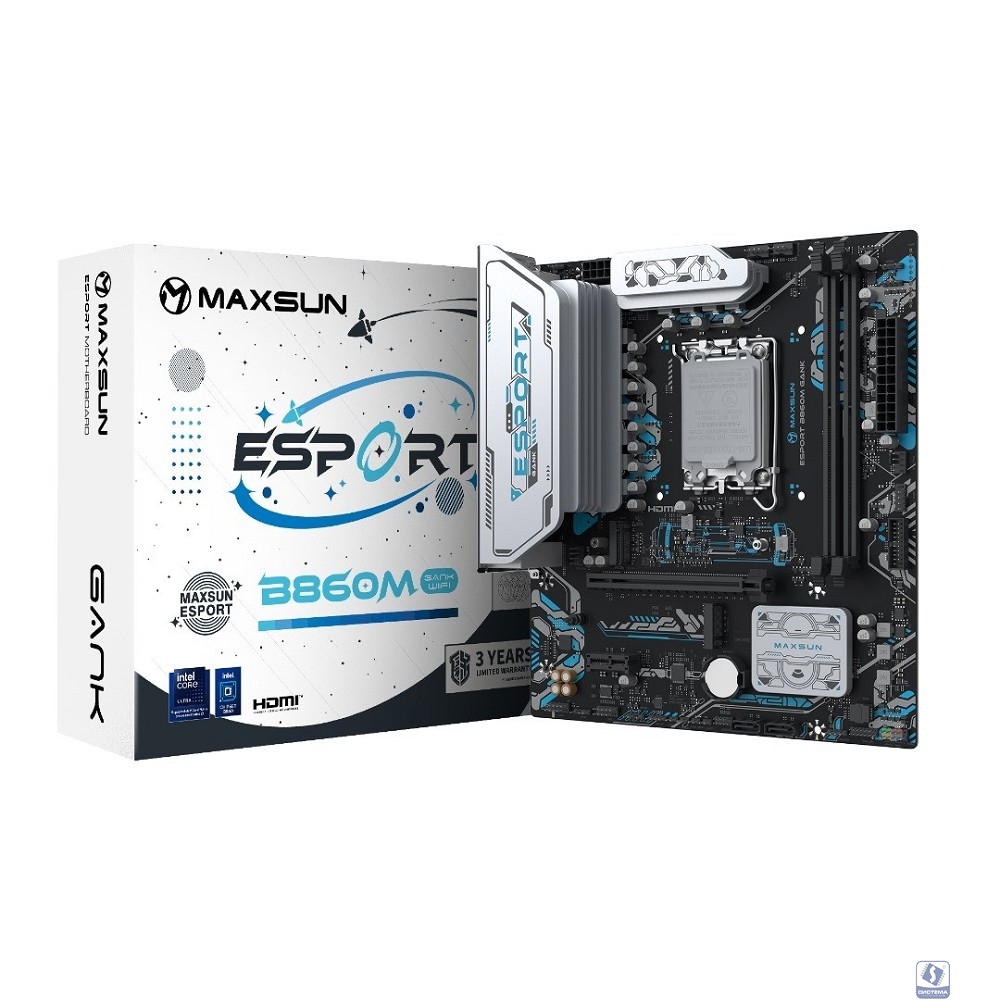 MAXSUN MS-eSport B860M GANK WIFI (Socket 1851, mATX, 2*DDR5(96Gb), DP/HDMI, 2xSATA3, 2*M.2,xPCI-Ex16 xPCI-Ex1, 2*USB 2.0, 4*USB 3.2, LAN 1*1G, Bluetooth, Wi-Fi6, ARGB, RTL)
