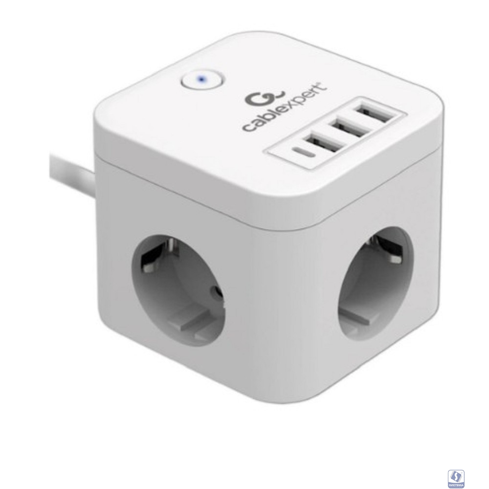 Cablexpert Сетевой фильтр Cube CUBE-3-CU3-W-1.5 (3р, 10А, 1xType-C PD, 3xUSB, 1.5м, ур.защиты 4+) белый, коробка
