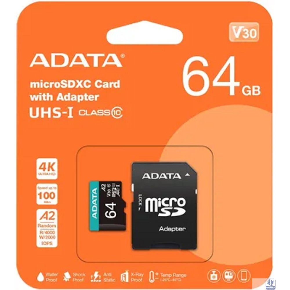 Micro SecureDigital 64GB A-Data AUSDX64GUI3V30SA2-RA1 Premier Pro + adapter  Class10 