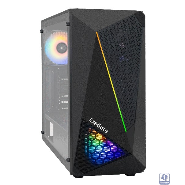 Exegate EX296073RUS Корпус Miditower ExeGate EVO-8225-EVO800 (ATX, БП EVO800RGB с вент. 12см, 2*USB+1*USB3.0, черный, 2 вент. с RGB подсветкой и полоса на передней панели, боковая панель - закаленное 