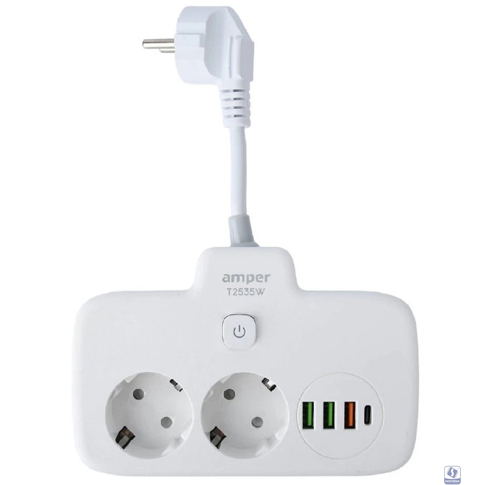 Amper сетевой удлинитель, 0,2м, 2 розетки, 3*0,75мм, 10А, 2500 Вт, 3usb, 1Type-C, 1кн, белый. [T2535W]