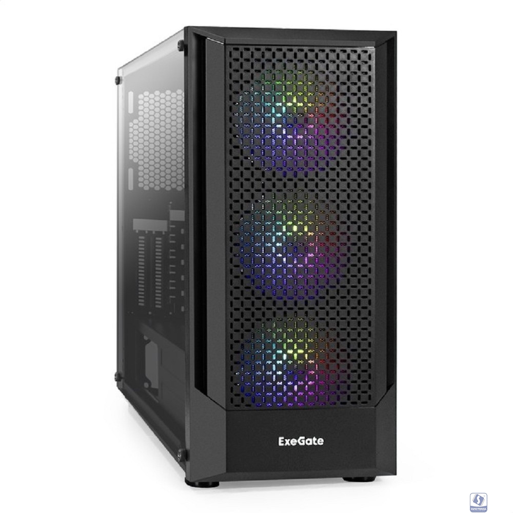 Exegate EX295765RUS Корпус Miditower ExeGate EVO-8227 (ATX, без БП, 2*USB+1*USB3.0+HD Audio, черный, 3 вент. с RGB подсветкой, боковая панель - закаленное стекло)