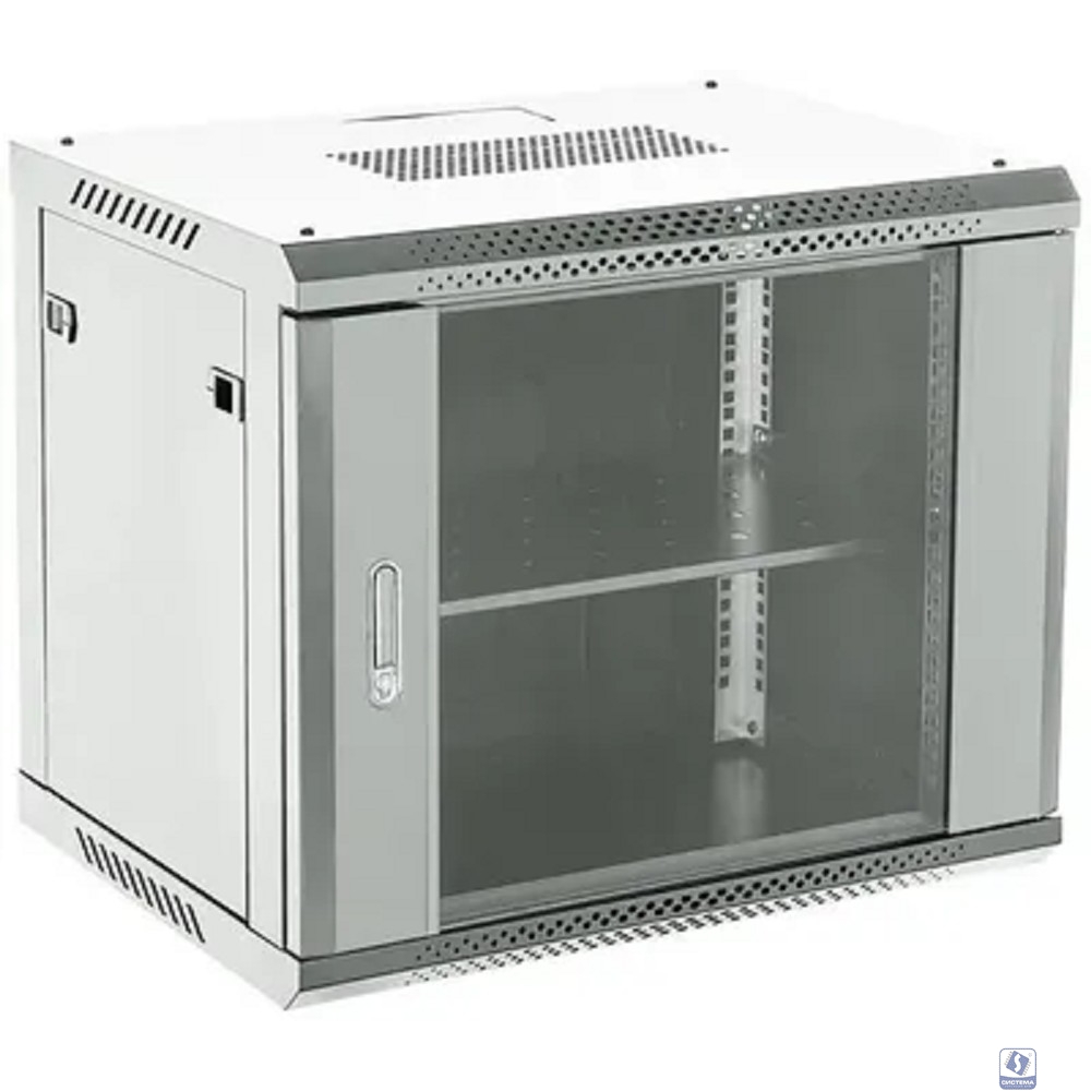 Rexant (04-1266-111) Шкаф коммутационный настенный 12U 600х600мм пер.дв.стекл 2 бок.пан. металл направл.под винты 60кг серый 230град. IP20 сталь