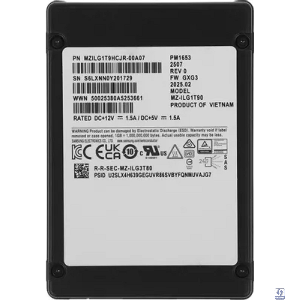 Samsung SSD 1920Gb PM1653, 2.5" 15mm, SAS 24Gb/s, 3D TLC, MZILG1T9HCJR-00A07