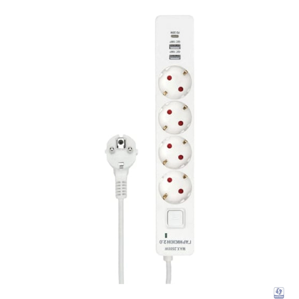 Гарнизон Сетевой фильтр EPS-OP-4-CU2-W-2 2.0 Мультипорт 4р, 10А, 1xType-C PD, 2 х USB QC, 4м, ур.защиты 4+, белый, пак(21449)