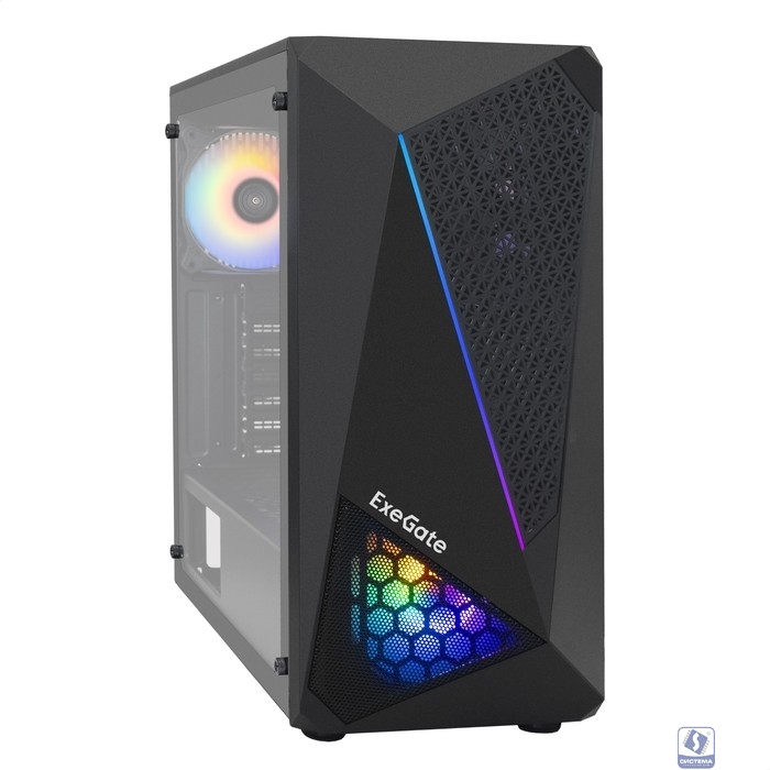 Exegate EX293014RUS Корпус Miditower ExeGate EVO-8225-NPX500 (ATX, БП 500NPX с вент. 12см, 2*USB+1*USB3.0, черный, 2 вент. с RGB подсветкой и полоса на передней панели, боковая панель - закаленное сте