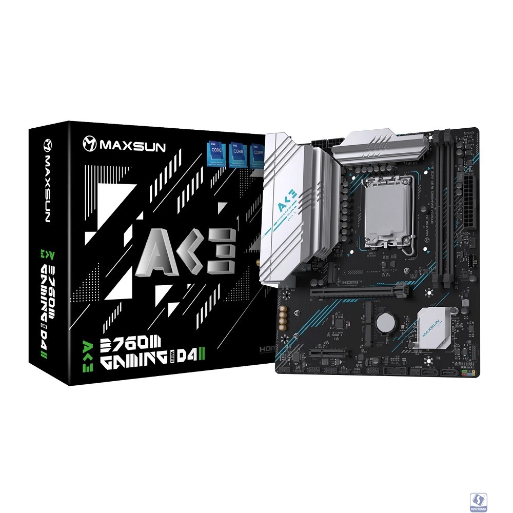 MAXSUN MS-B760M GAMING WIFI ACE D4 II (Socket 1700, mATX, 2*DDR4(64b), DP/HDMI, 2*SATA3, 3*M.2, 1xPCI-E x16 /1xPCI-E x1, 6*USB 2.0, 2*USB 3.2 GEN1, LAN 1*1G,  Bluetooth, Wi-Fi 802.11ax, RTL)