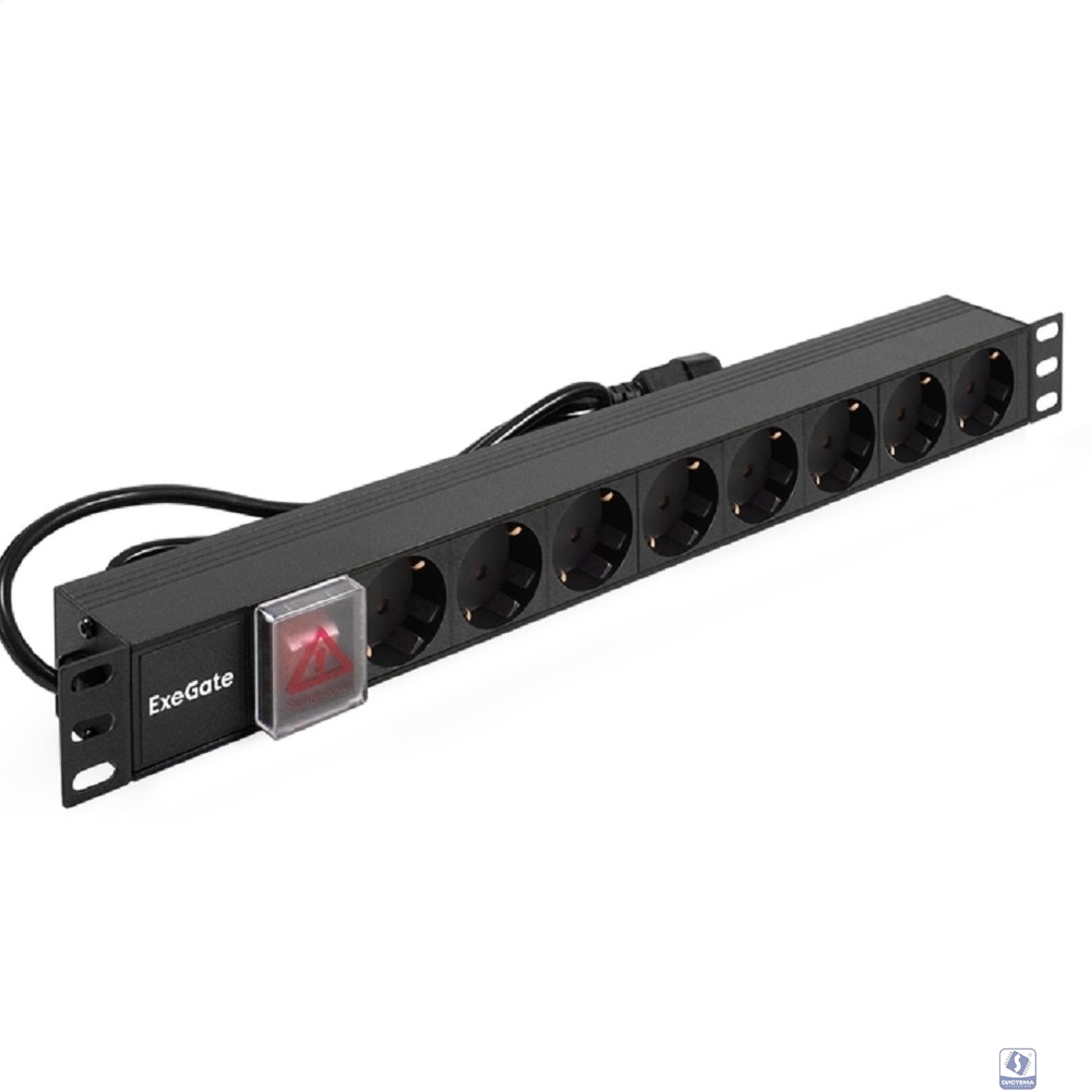 Exegate EX280845RUS Блок розеток ExeGate ServerPro PDU-19H806 Al-8S-C14-3-SW, 19", 1U, алюм, 8Schuko, кабель с C14 3м