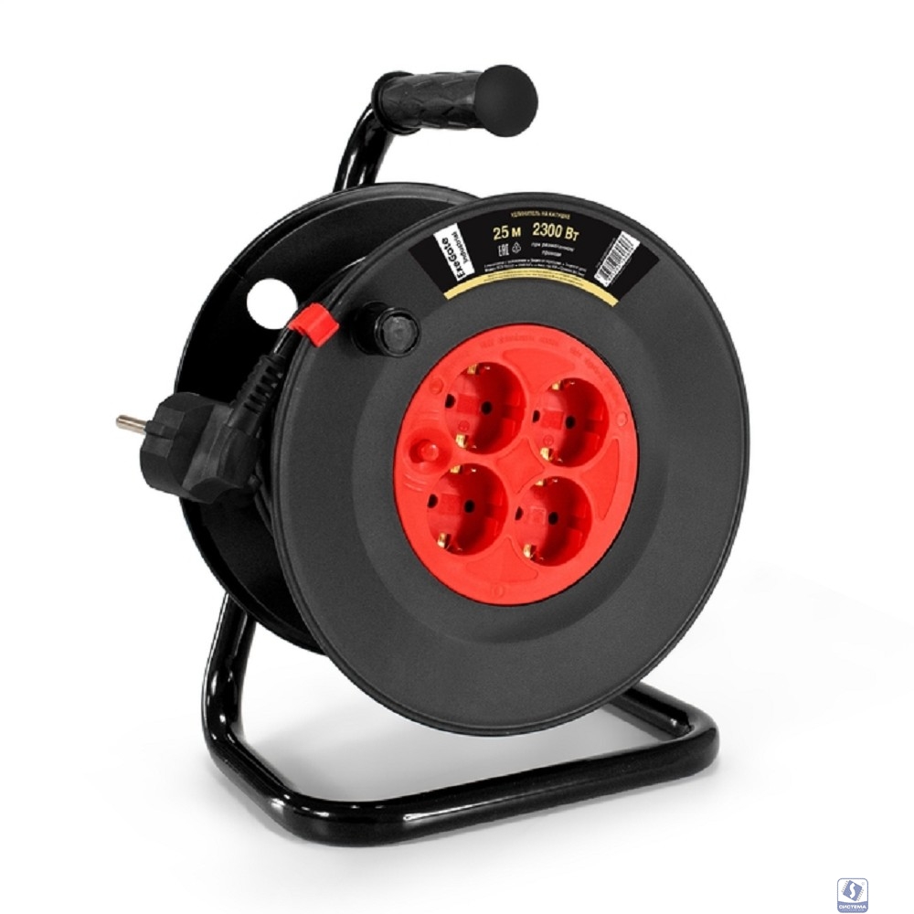 Exegate EX295740RUS Удлинитель на катушке ExeGate industrial ECS-10-3-25 (4 евророзетки с заземлением, IP20, 25м, защита от детей, защита от перегрузки, 3х1,0мм2, 10А/2.3кВт)