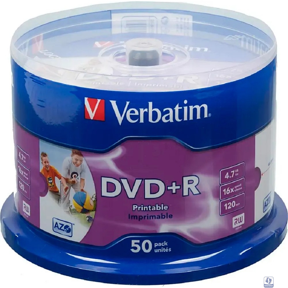Verbatim  Диски DVD+R  4.7Gb 16-х, Wide Photo InkJet Printable,  50 шт, Cake Box (43512 )