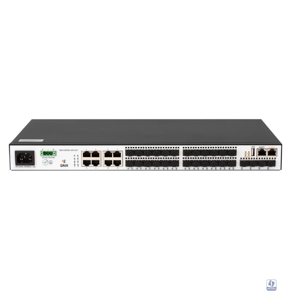 SNR SNR-S2995G-24FX-DC Управляемый коммутатор уровня 3, 16 портов 100/1000Base-X SFP, 8 портов Combo 10/100/1000Base-T|100/1000Base-X SFP, 4 порта 1/10G SFP+, VSF HA, встроенный БП ~220V AC