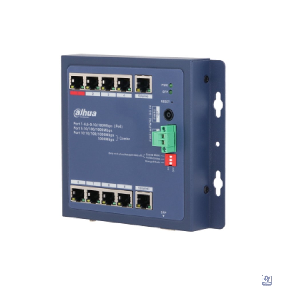 DAHUA DH-CHS4110-8ET-90-F 8-портовый PoE коммутатор управляемый: 8 RJ45 10/100Мбит/с , 1 RJ45 10/100/1000Мбит/с, 1 комбинированный SFP/RJ45 10/100/1000Мбит/с  до 90Вт IP30, IK06; плоский 