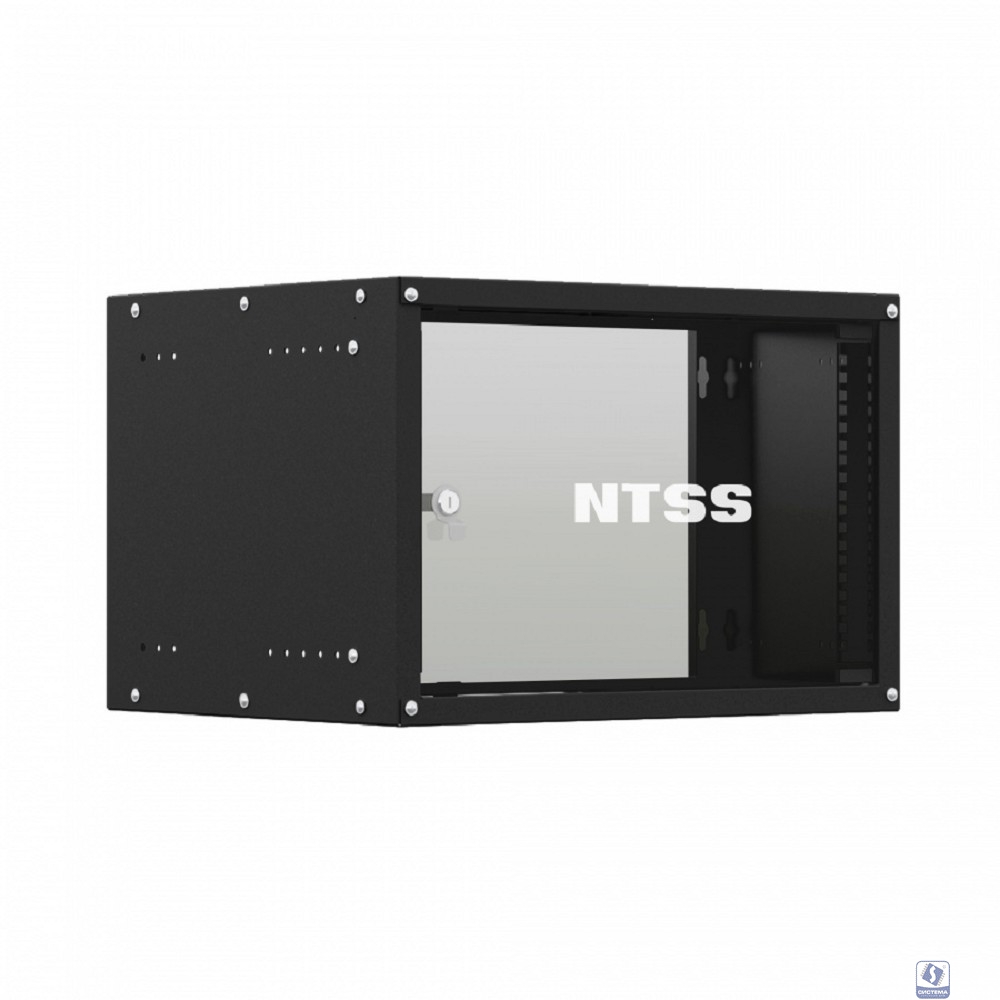 NTSS Шкаф настенный телекоммуникационный NTSS LIME 6U 550х450х370мм, 2 профиля 19, дверь стеклянная, боковые стенки несъемные, разобранный, черный RAL 9005 NTSS-WL6U5545GS-BL