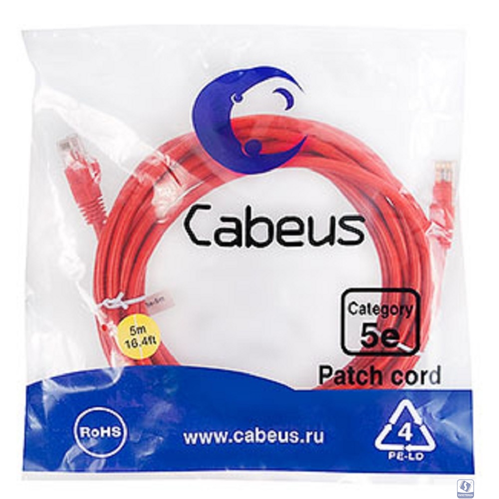 Cabeus PC-UTP-RJ45-Cat.5e-5m-RD Патч-корд U/UTP, категория 5е, 2xRJ45/8p8c, неэкранированный, красный, PVC, 5м