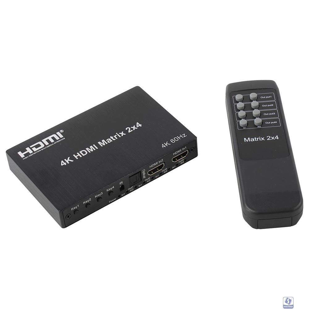 ORIENT HSP0204HN-2.0, HDMI матричный переключатель/разветвитель 2->4 с аудиовыходами, UHD 4K/60Гц (3840x2160), HDR, HDMI 2.0, HDCP 2.2, пульт ДУ, внешний БП 5В/2A, метал.корпус (33266)