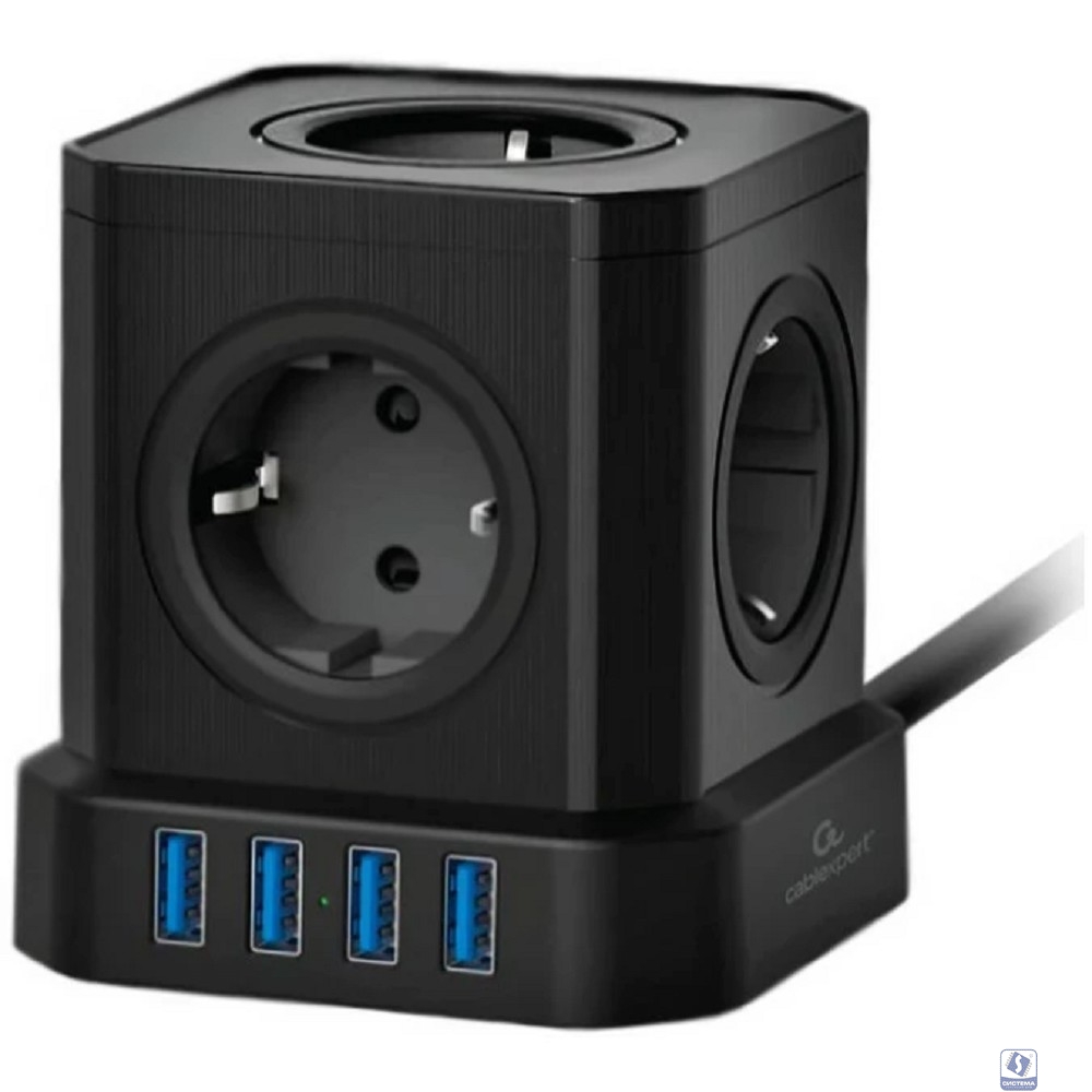 Cablexpert Сетевой фильтр Tower TWR-5-U4-B-2 (5р, 10А, 4 х USB, 3.1А, 2м, ур.защиты 4+) черный, коробка 