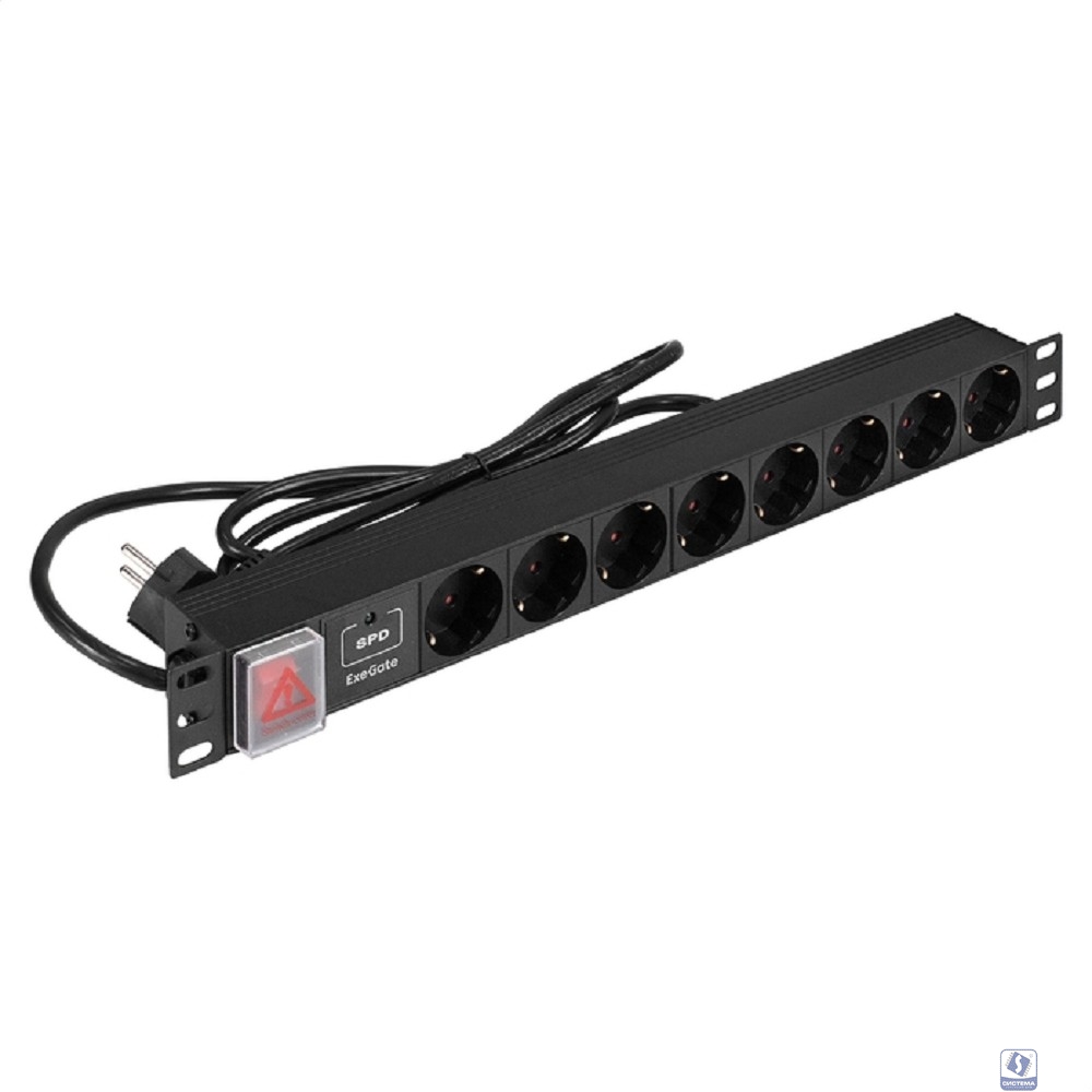 Exegate EX299604RUS Блок розеток с сетевым фильтром (Surge Protect) и выключателем с подсветкой ExeGate ServerPro PDU-19H802 Al-8S-EU1.8CU-SW-SPD1 (19", 1U, Алюминий, 8 Schuko, кабель с евровилкой VDE