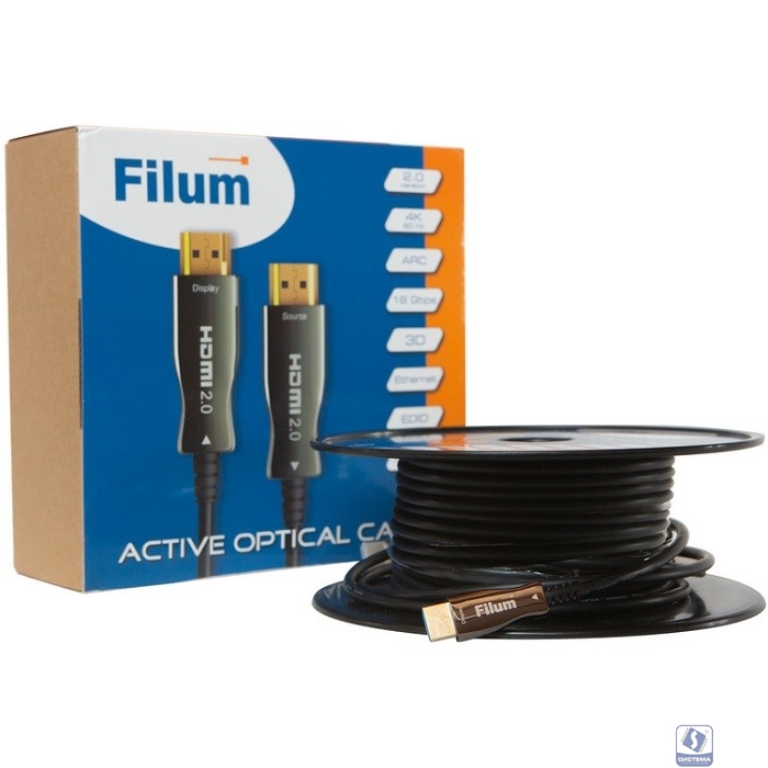 Filum Кабель HDMI активный, оптический, 10 м, 4K/60HZ,  v.2.0, ARC, 19M/19M, черный,  коробка, (FL-AOC-HDMI2.0-10M)