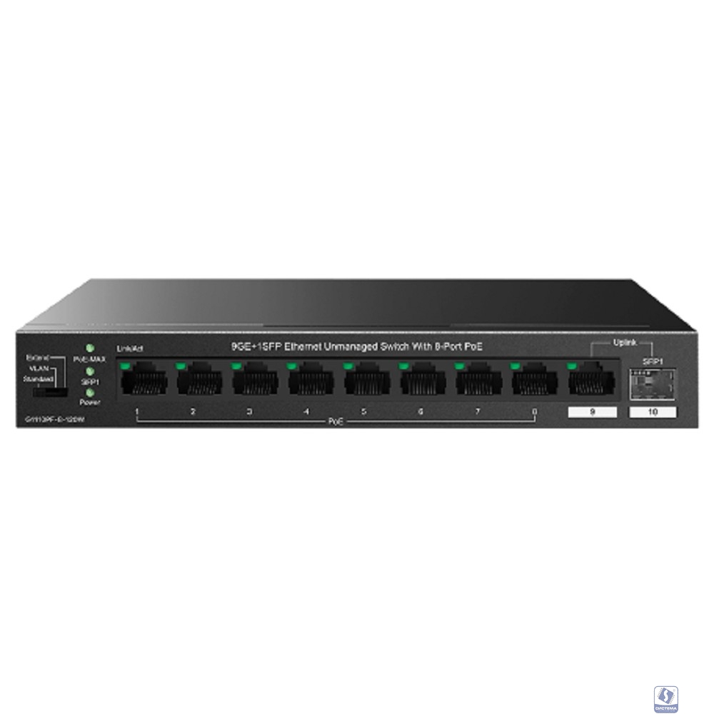 IP-COM G1110PF-8-120W Коммутатор неуправляемый PoE, 10 портов, 9x1 Гбит/с, SFP 1х1 Гбит/с, PoE 8х30 Вт (до 102 Вт), настольный