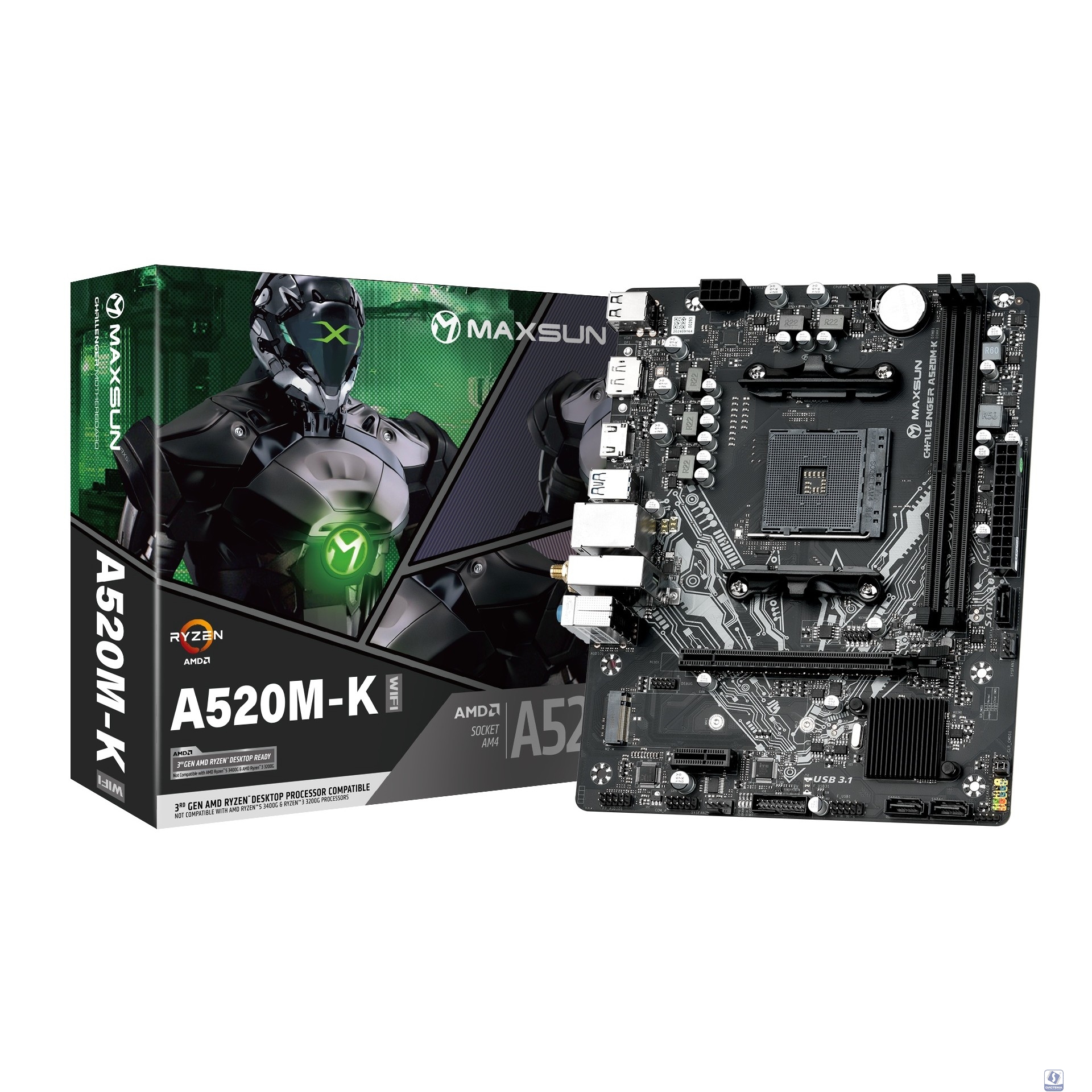MAXSUN MS-Challenger A520M-K WIFI (Socket AM4, mATX, 2*DDR4(64Gb), DP/HDMI,  3*SATA3, 1*M.2, 1*PCIEx16/1*PCIEx1, 4*USB2.0, 2*USB 3.0, LAN 1*1G, Bluetooth,  Wi-Fi 802.11ax, RTL)