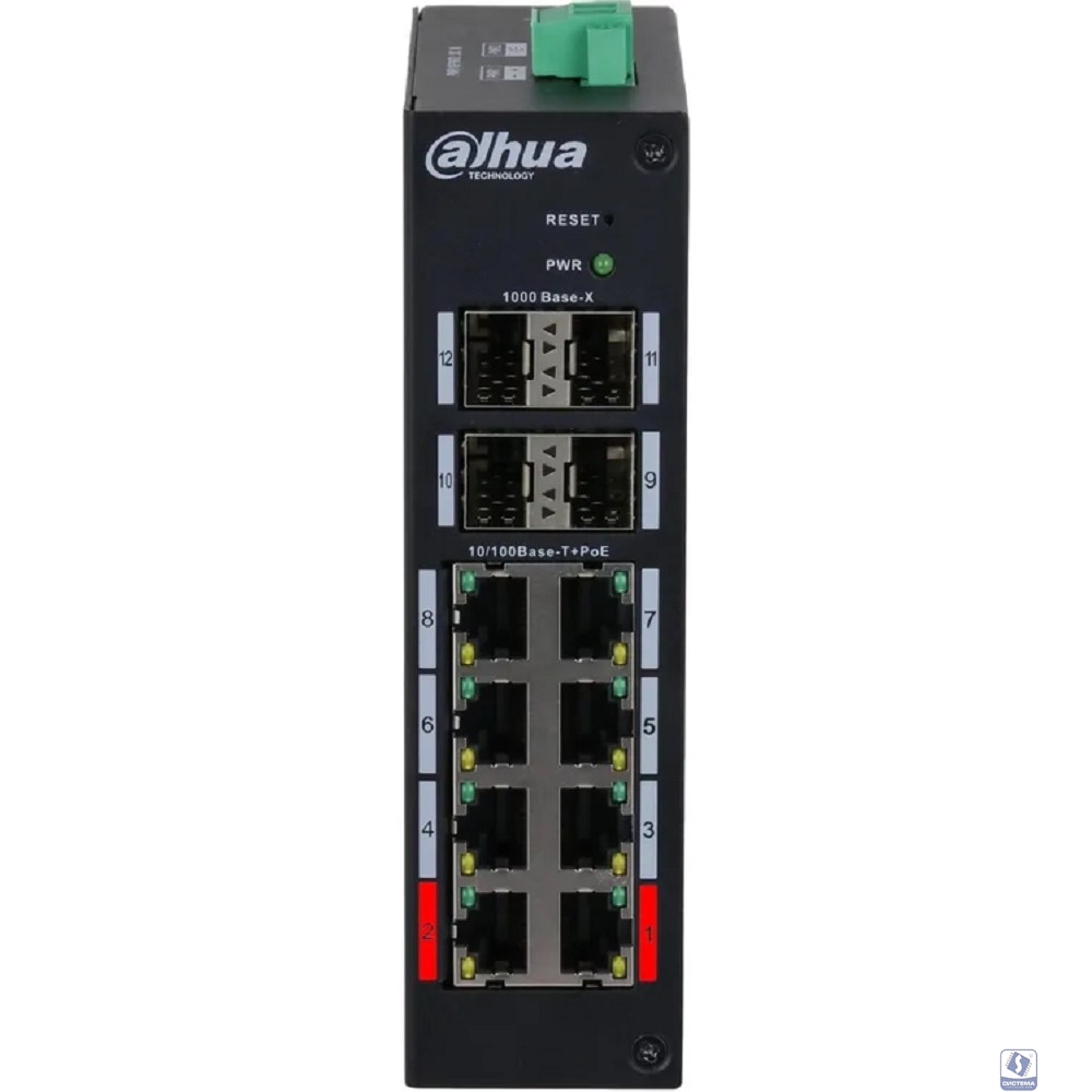 Dahua DH-HS4412-8ET-120 12-портовый управляемый коммутатор с PoE, промышленное исполнение  8 RJ45 10/100Мбит/с, 4 SFP 1000Мбит/с (uplink); до 120Вт; на DIN-рейку