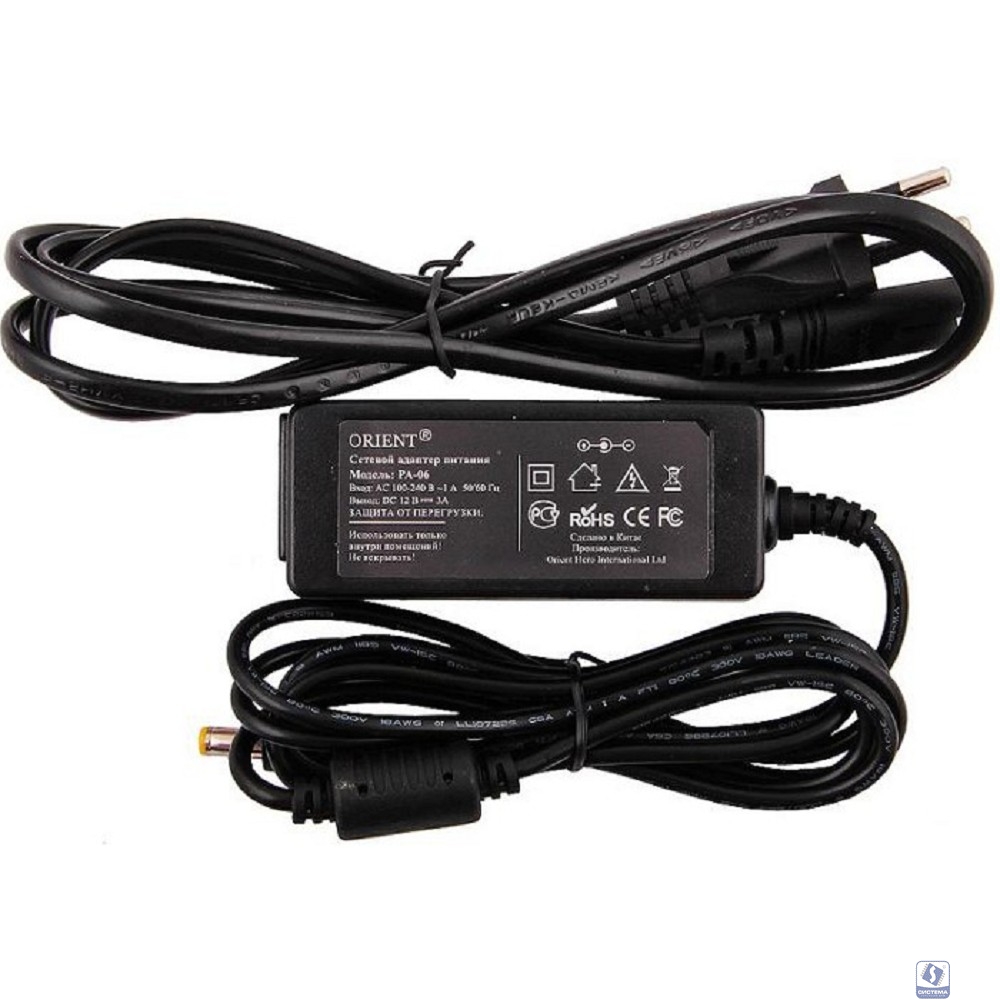 ORIENT PA-06, Блок питания DC 12V, 3.0A, стабилизированный, защита от КЗ и перегрузки ( Imax~3.5А ), вилка с кабелем (29505	) ORIENT PA-06, Блок питания DC 12V, 3.0A, стабилизированный, защита от КЗ и перегрузки ( Imax~3.5А ), вилка с кабелем (29505	)