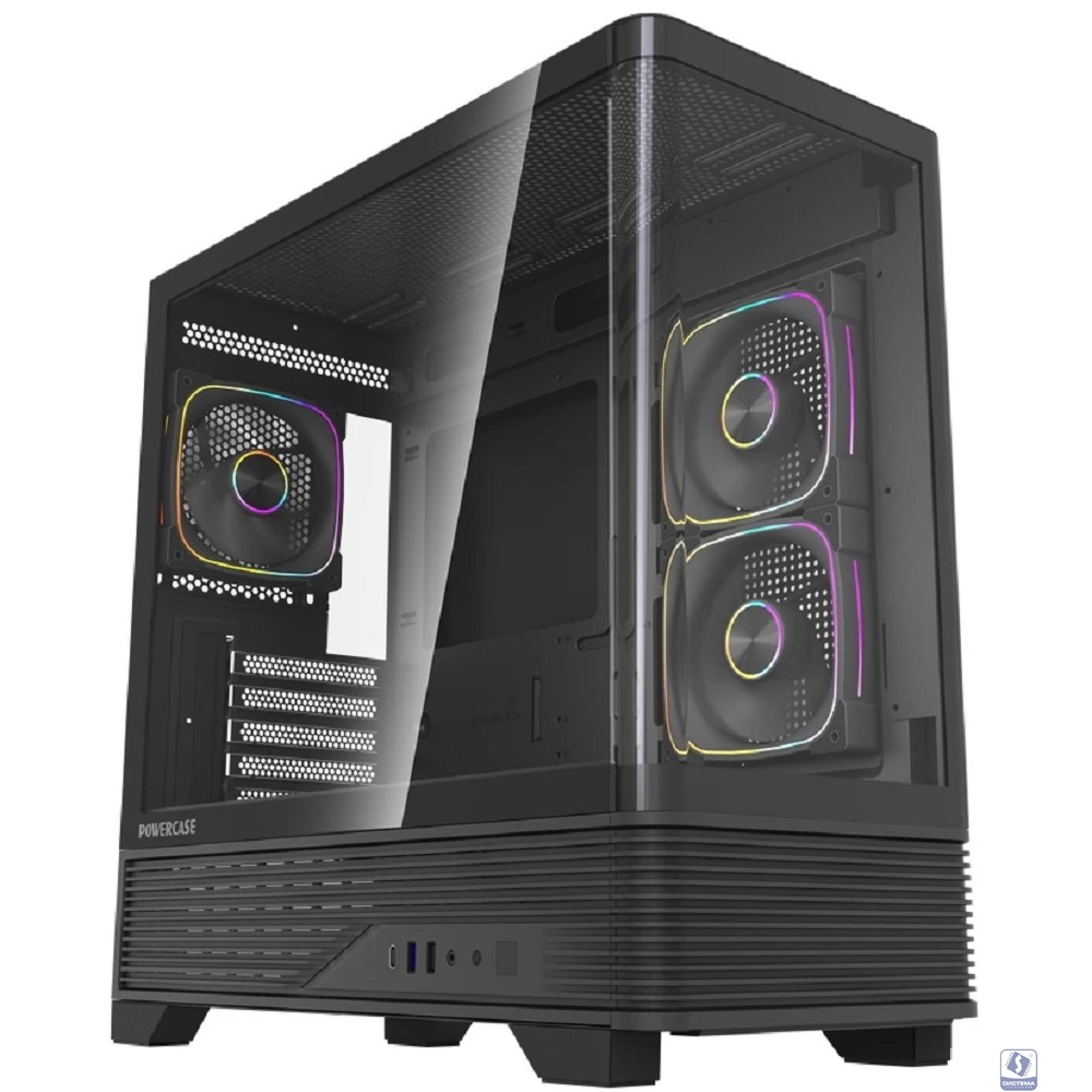 Powercase Корпус Vision Micro M6B, Curved Glass, Type-C, 3x 120mm ARGB PWM Fan, чёрный, mATX  (CVMM6B-A3)