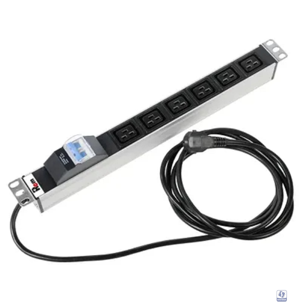 REM Блок розеток Rem-16 с авт. 16А, 6 IEC 60320 C19, 16A, алюм., 19", шнур 3 м. (R-16-6C19-A-440-3)