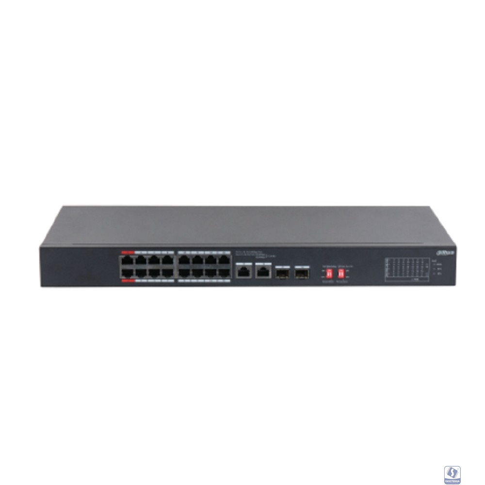 DAHUA DH-S3218-16ET-240 16-портовый неуправляемый коммутатор с РоЕ, 16xRJ45 100Mb, 2хКомбо SFP/RJ45 1Gb uplink, суммарно до 240Вт, коммутация 7.2 Гбит/с, MAC-таблица 8К