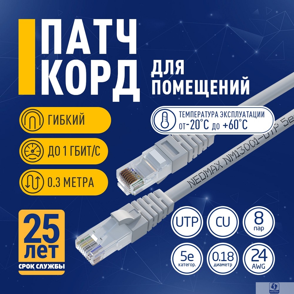 NEOMAX (NM13001-003) Шнур коммут. UTP 0.3 м, cat.5е, серый, многожильный