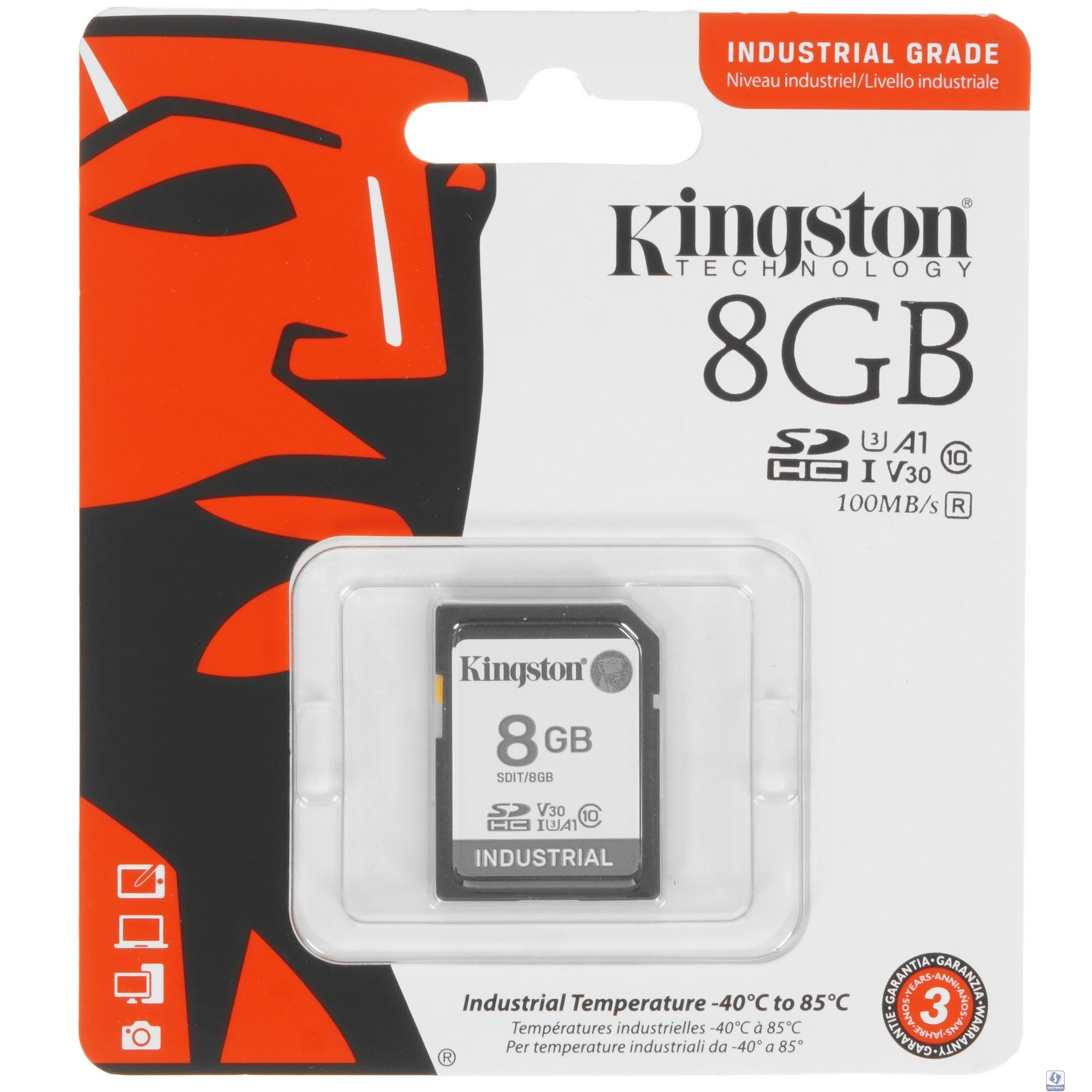 Промышленная карта памяти SecureDigital 8GB Kingston, Class 10 U1 UHS-I MLC, темп. режим от -40? до +85? (SDIT/8GB)