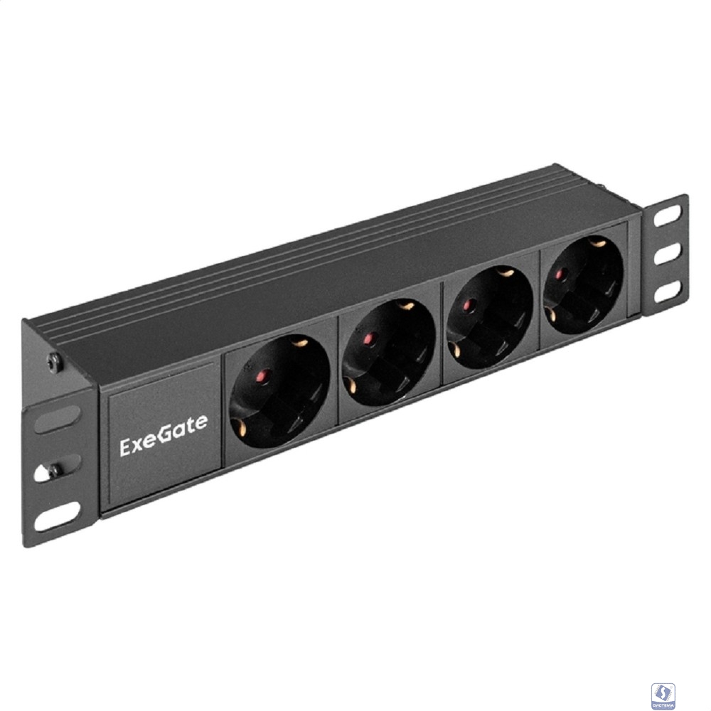 Exegate EX298596RUS Блок розеток 10" с разъемом C14 ExeGate ServerPro PDU-10H401 Al-4S-C14 (10", 1U, Алюминий, 4 Schuko, C14, (ШхВхГ): 274х45х45 мм, черный, RTL)