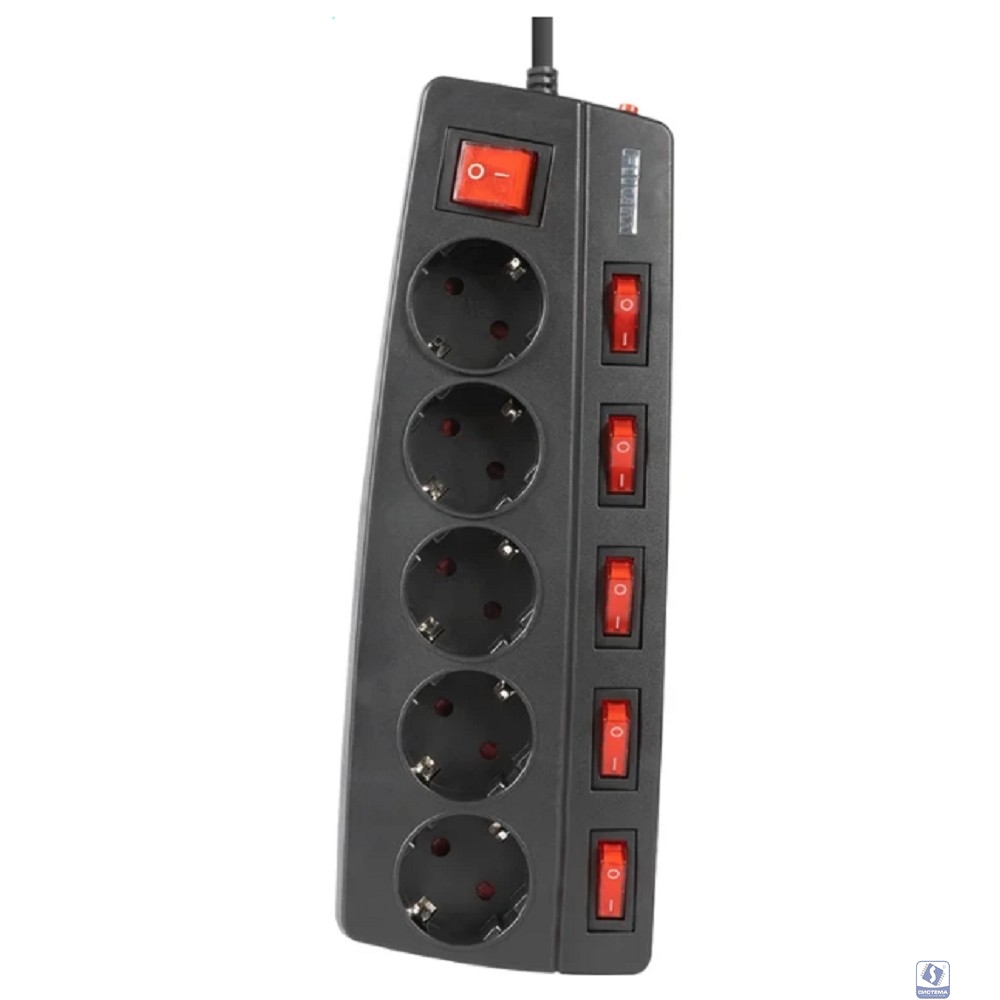 Filum Сетевой фильтр FL-SPL5-3.0M-BL, 2500 Вт., 5 розеток, защитные шторки, инд. выключатели, шнур 3.0 м., черный 