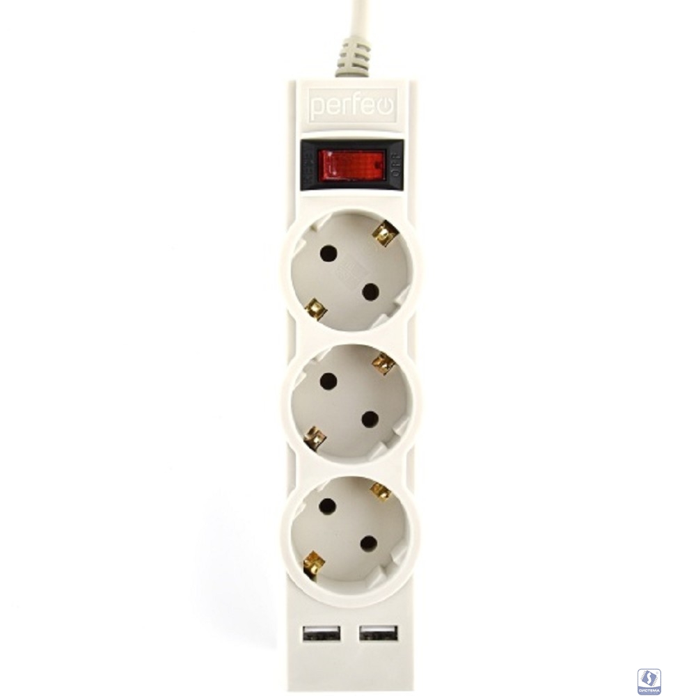 Perfeo сетевой фильтр "POWER-S", 3,0м, 3 розетки 10А, 2USB, 2500 Вт, двойная защита, серый.