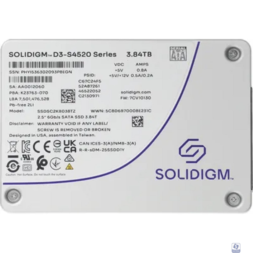 Накопитель Solidigm SSD D3-S4520 Series, 3840GB, 2.5" 7mm, SATA3, TLC, R/W 550/510MB/s, IOPs 92 000/31 000, TBW 15300, DWPD 2 (12 мес.)