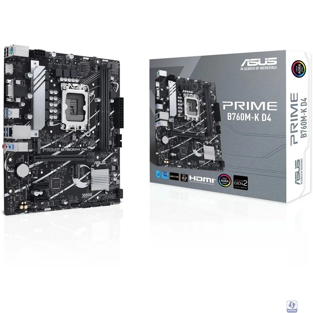 ASUS PRIME B760M-K D4 (Socket 1700, mATX, 2xDDR4(64GB), VGA/HDMI 2.1, 1xPCIe 4.0x16/2xPCIe 4.0, 1xLAN (2.5GbE), 4xSATA 6Gb/s, 2xM.2, 4xUSB 3.2, 2xUSB 2.0, 1xPS/2)