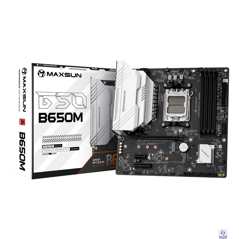 MAXSUN MS-Terminator B650M (Socket AM5, mATX, 4*DDR5(192Gb), DP/HDMI, 4*SATA3, 2*M.2, 1*PCIEx16/1*PCIEx4/1*PCIEx1, 2*USB 2.0, 4*USB 3.2, LAN 1*2.5G, RTL)