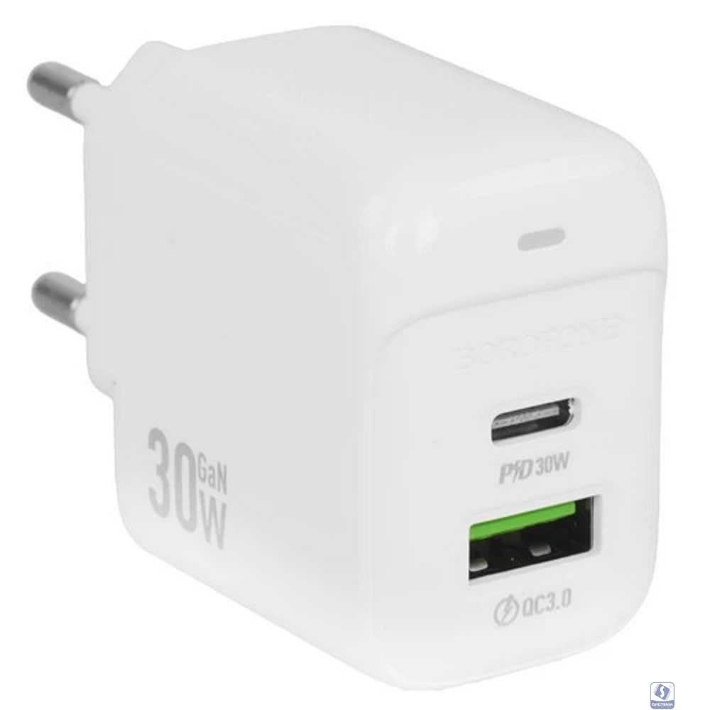 BOROFONE BAS45A/ Сетевое ЗУ/PD + QC 3.0/ 2 USB: Type-C + Type-A/ Выход: 30W + 18W/ White