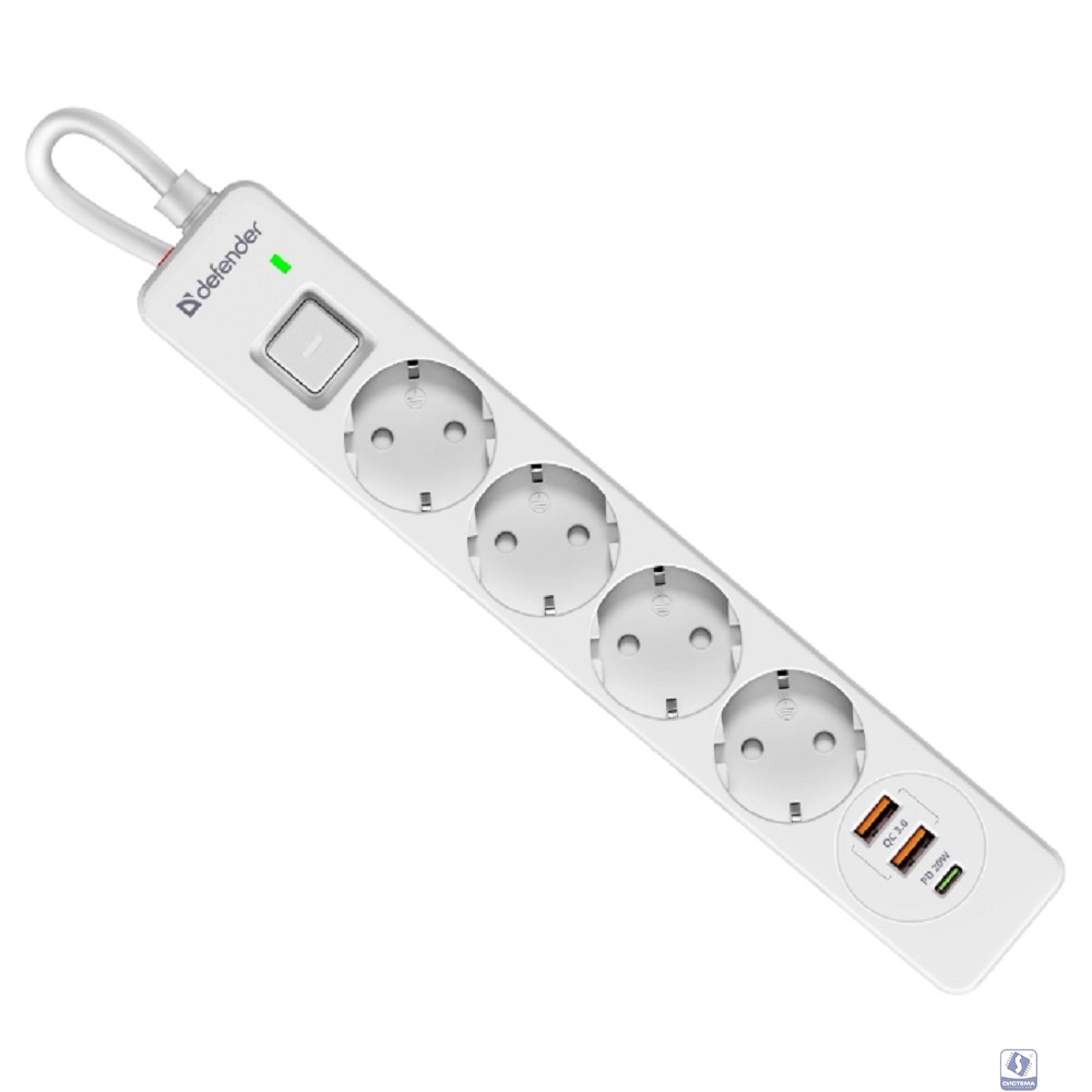 Defender Удлинитель с сетевым фильтром DFS 145 5 м,белый,4розетки,USB+TypeC [99435]
