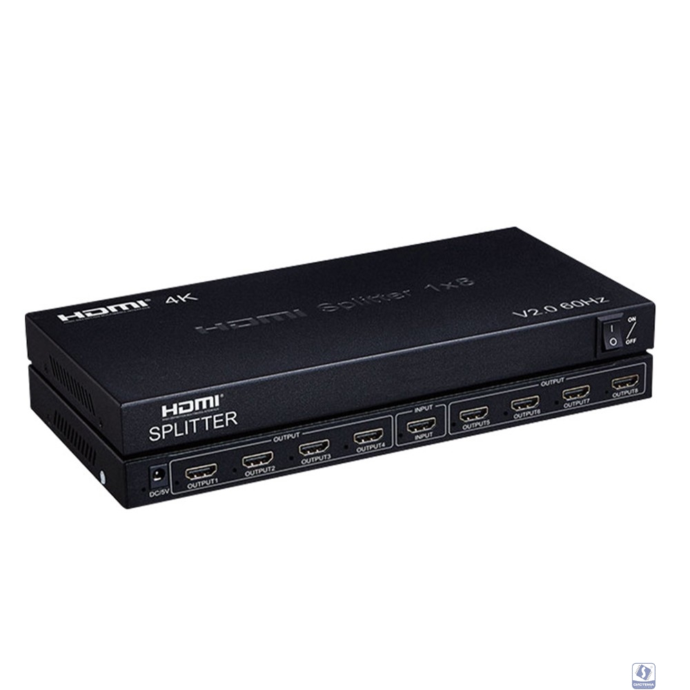 ORIENT HSP0108HV2-2.0, HDMI разветвитель 1->8, UHD 4K/60Гц (3840x2160),  HDR10, HDMI 2.0b, 18 Гбит/с, HDCP 2.2, внешний БП 5В, метал.корпус (33397)