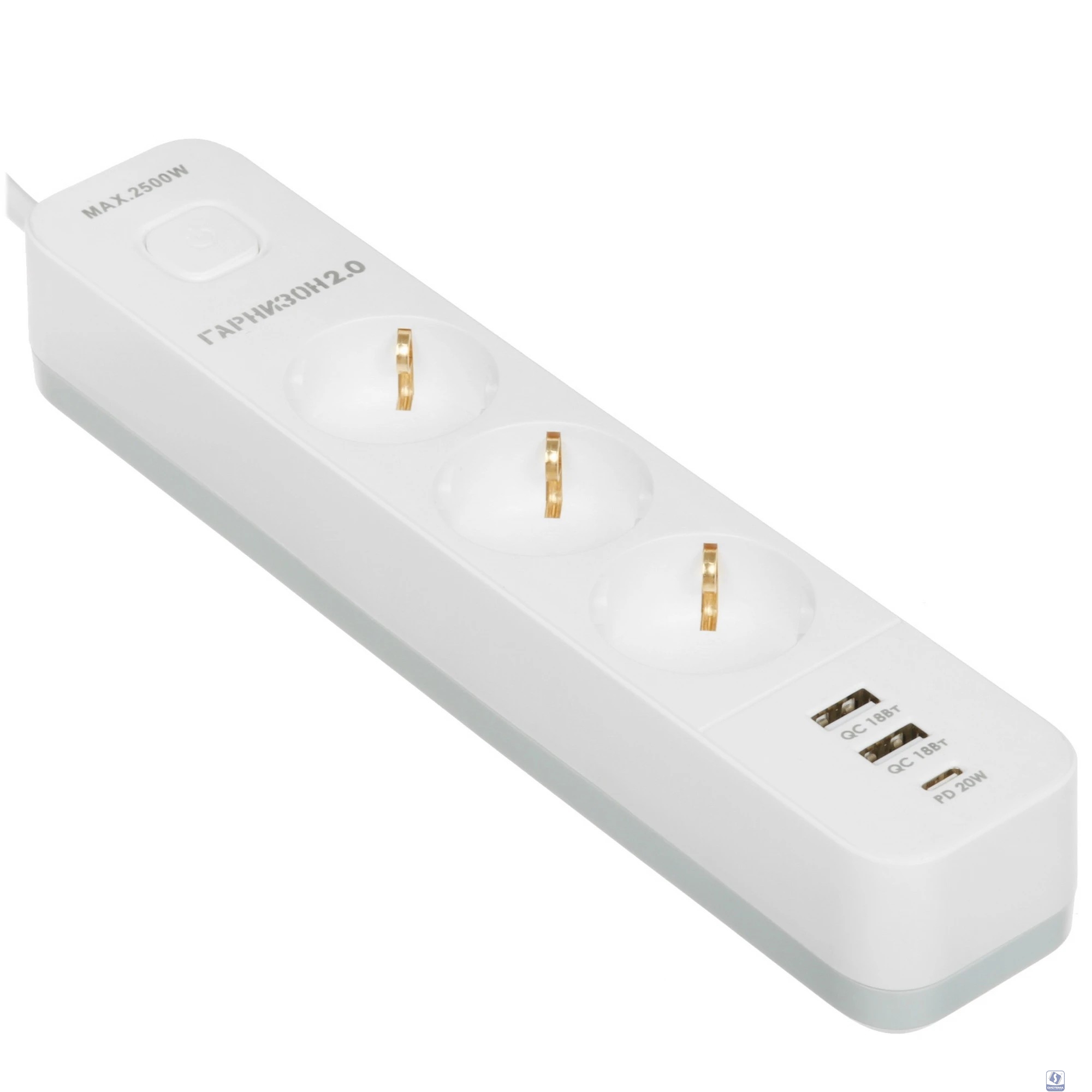 Гарнизон Сетевой фильтр EPS-3-CU2-W-2 2.0 Мультипорт 3р, 10А, 1xType-C PD, 2 х USB QC, 2м, ур.защиты 2+, белый, пак (21448)