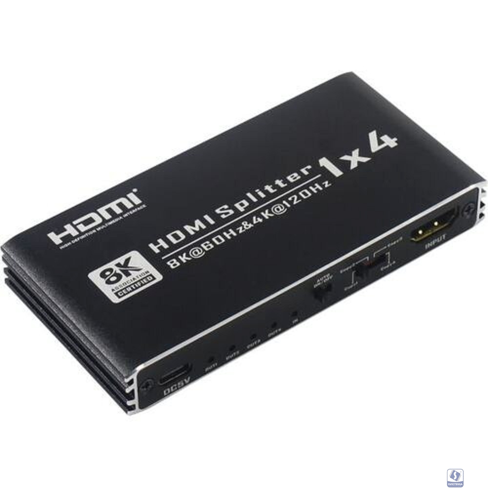 ORIENT HSP0104H8L-2.1, HDMI разветвитель 1->4, UHD 8K/60Hz, 4K/120Hz, HDR10+, HDMI 2.1, 48 Гбит/с, HDCP 2.3, EDID управление, внешний БП, метал..корпус (33323)