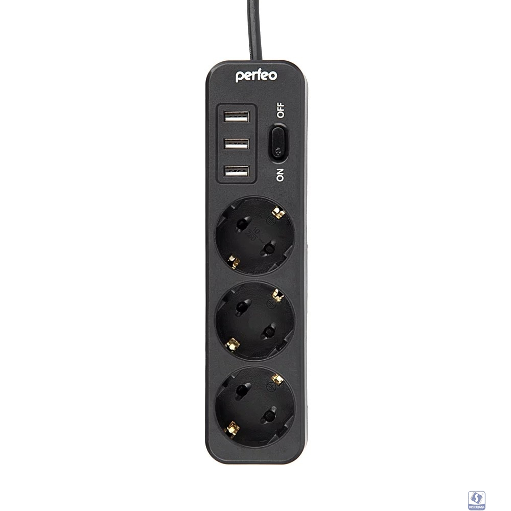 Perfeo сетевой фильтр "POWER STREAM", 2500W, двойная защита, 2м, 3 розетки, 3 USB, черный.