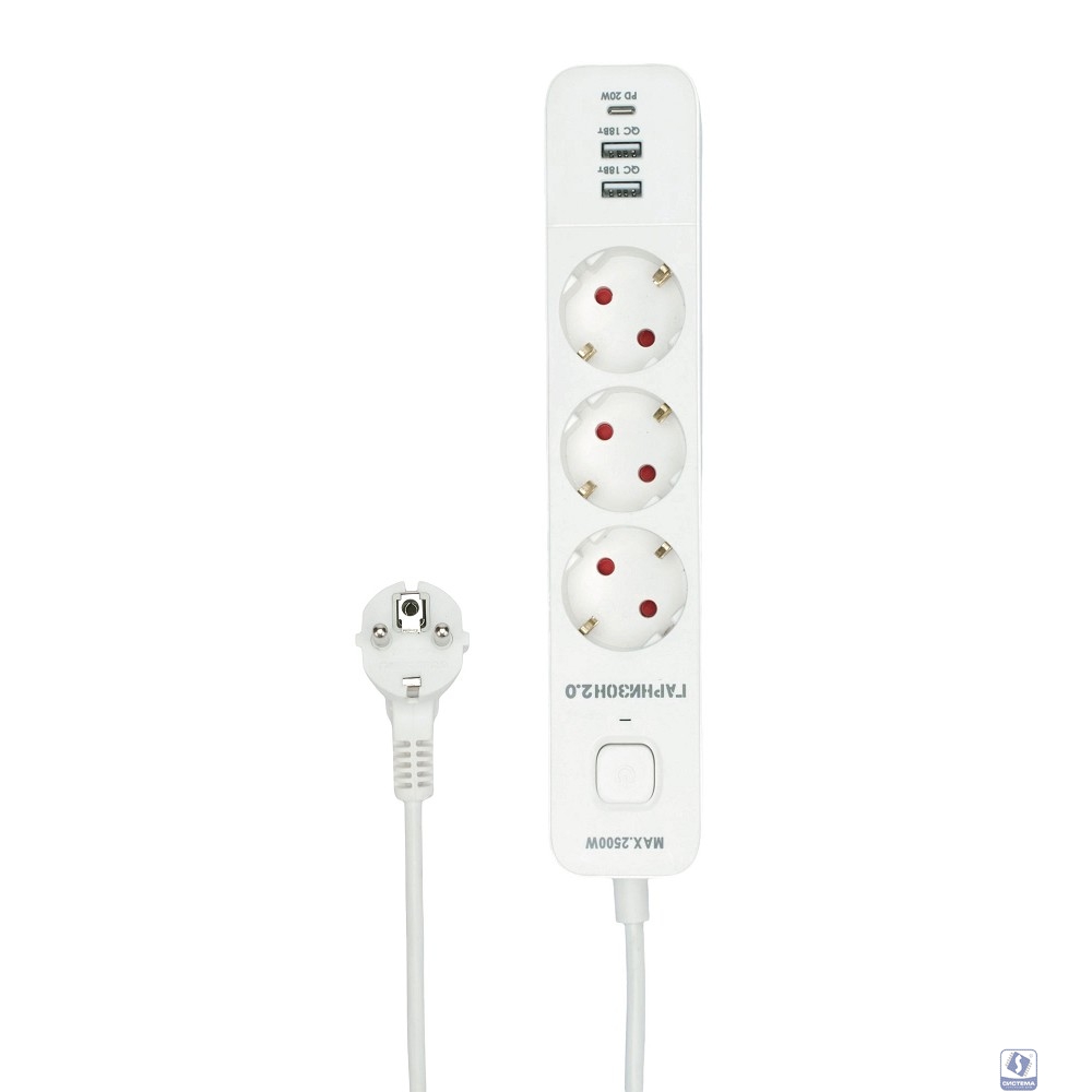 Гарнизон Сетевой фильтр EPS-3-CU2-W-2 2.0 Мультипорт 3р, 10А, 1xType-C PD, 2 х USB QC, 2м, ур.защиты 2+, белый, пак (21448)