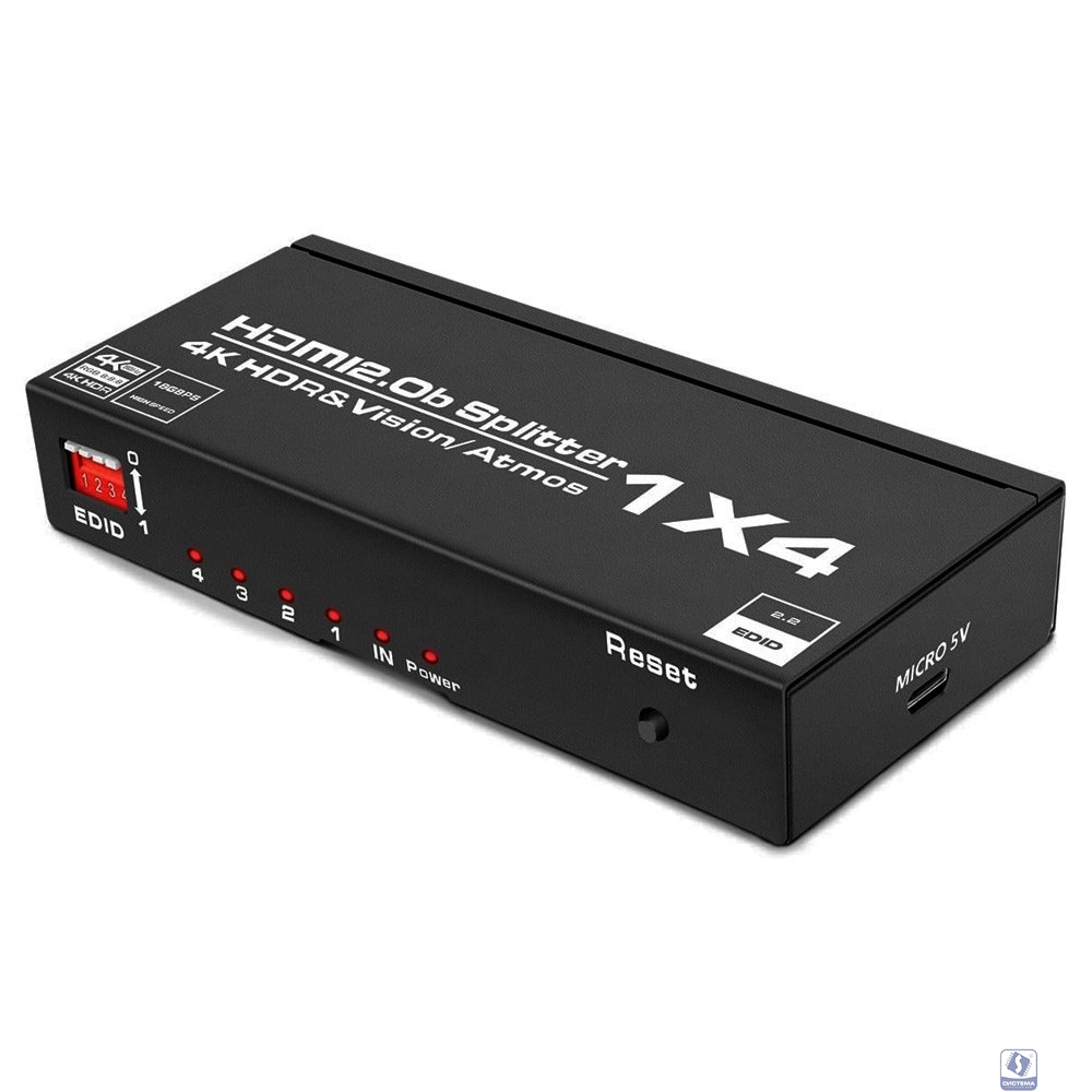 ORIENT HSP0104HL, HDMI разветвитель 1->4, UHD 4K/30Гц (3840x2160), 1080p/60Гц, HDMI 1.4, HDCP 1.2, питание от USB, пластик.корпус, цвет чёрный (33465)