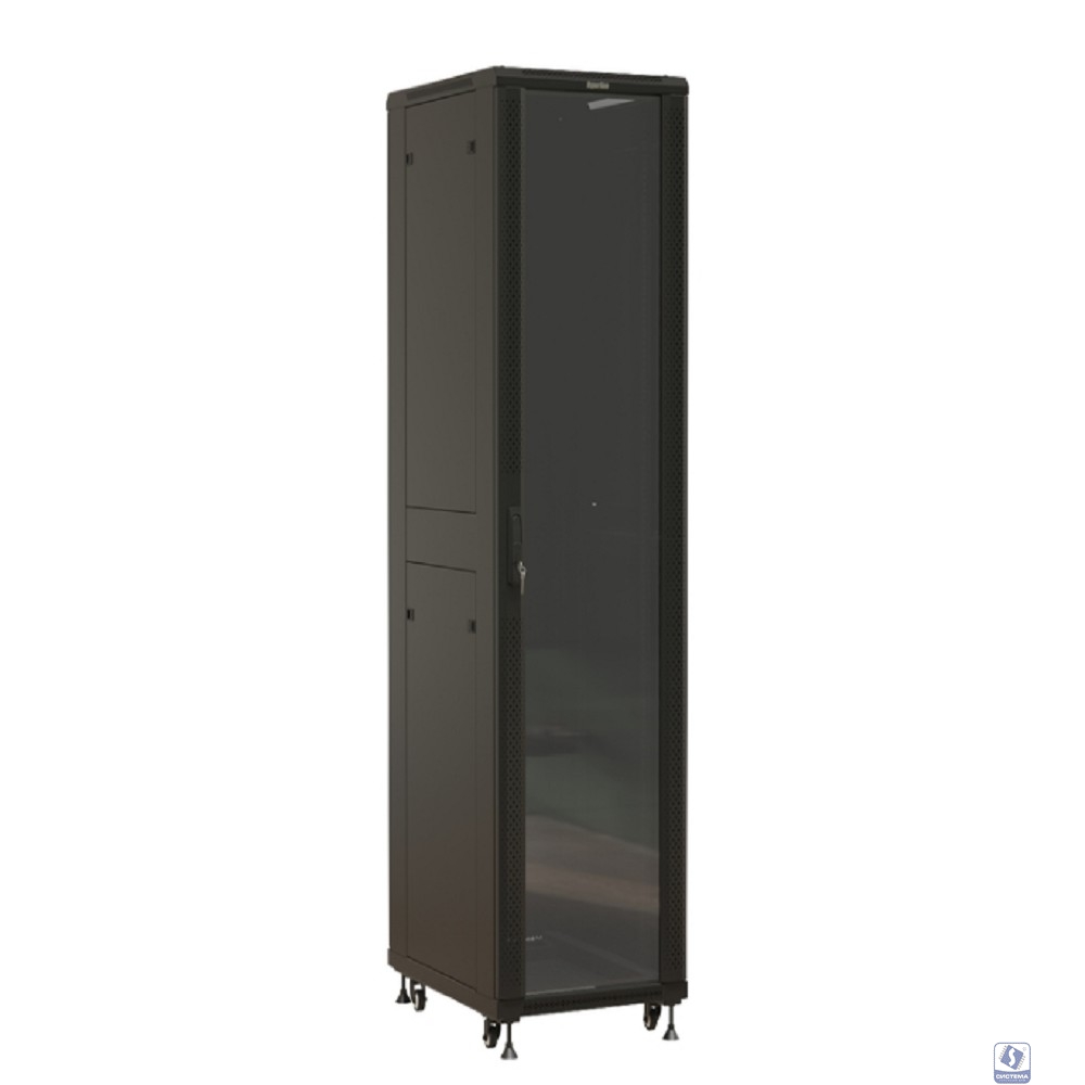 Шкаф серверный Hyperline (TTBR-4261-AS-RAL9004) напольный 42U 600x1000мм пер.дв.стекл задн.дв.спл.стал.лист 2 бок.пан. 800кг черный 910мм 2055мм IP20 сталь