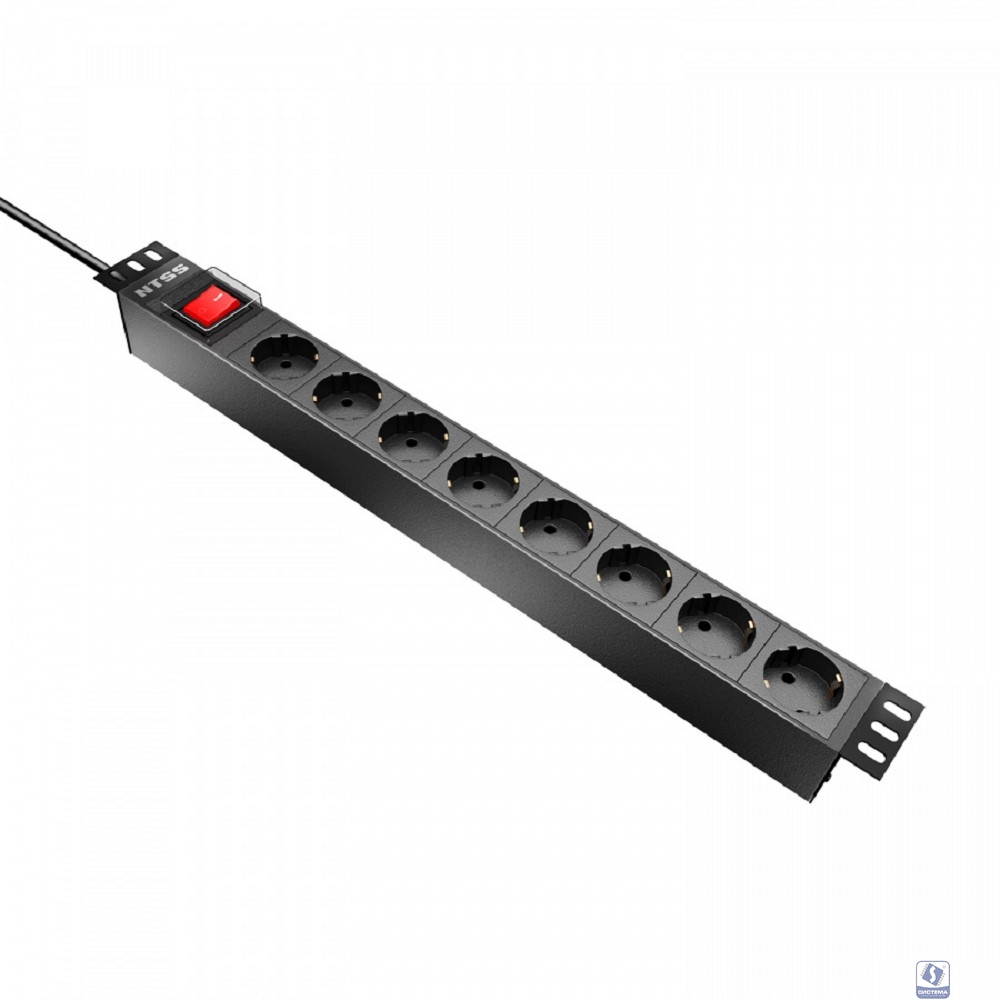 NTSS Блок розеток NTSS, 19", 1U, алюминий, 1ф10А, 2.3кВт, (8) Schuko CEE , выкл. с подсв.и  крыш., вх. 60320 С14 NTSS-PDU-DA1016